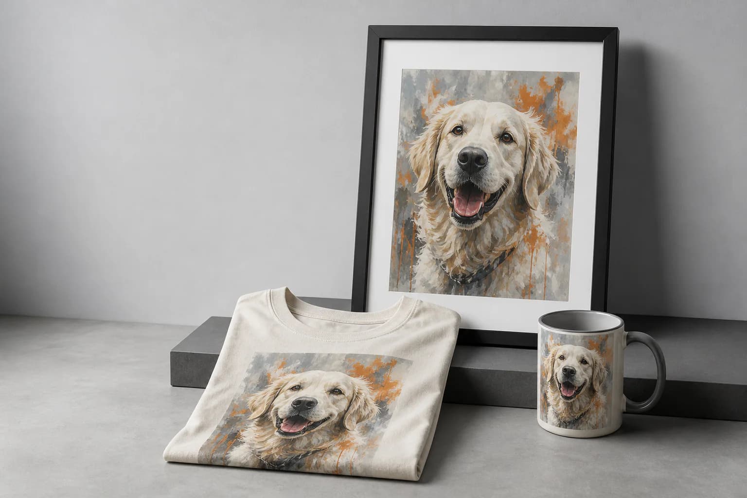 A framed dog portrait, printed tee, and mug in a product studio